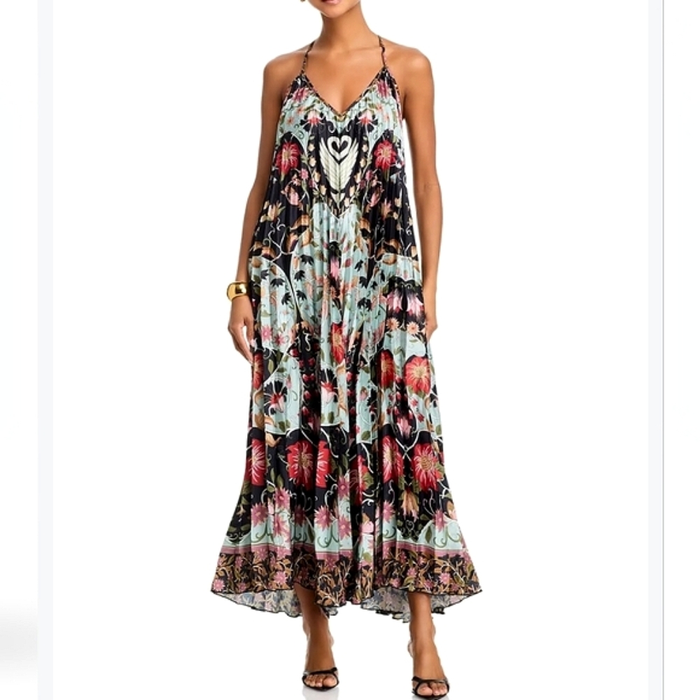 NWT$280 FARM RIO Blue Flowing Beauty Pleated Sleeveless Midi Dress Size Large - Picture 10 of 16